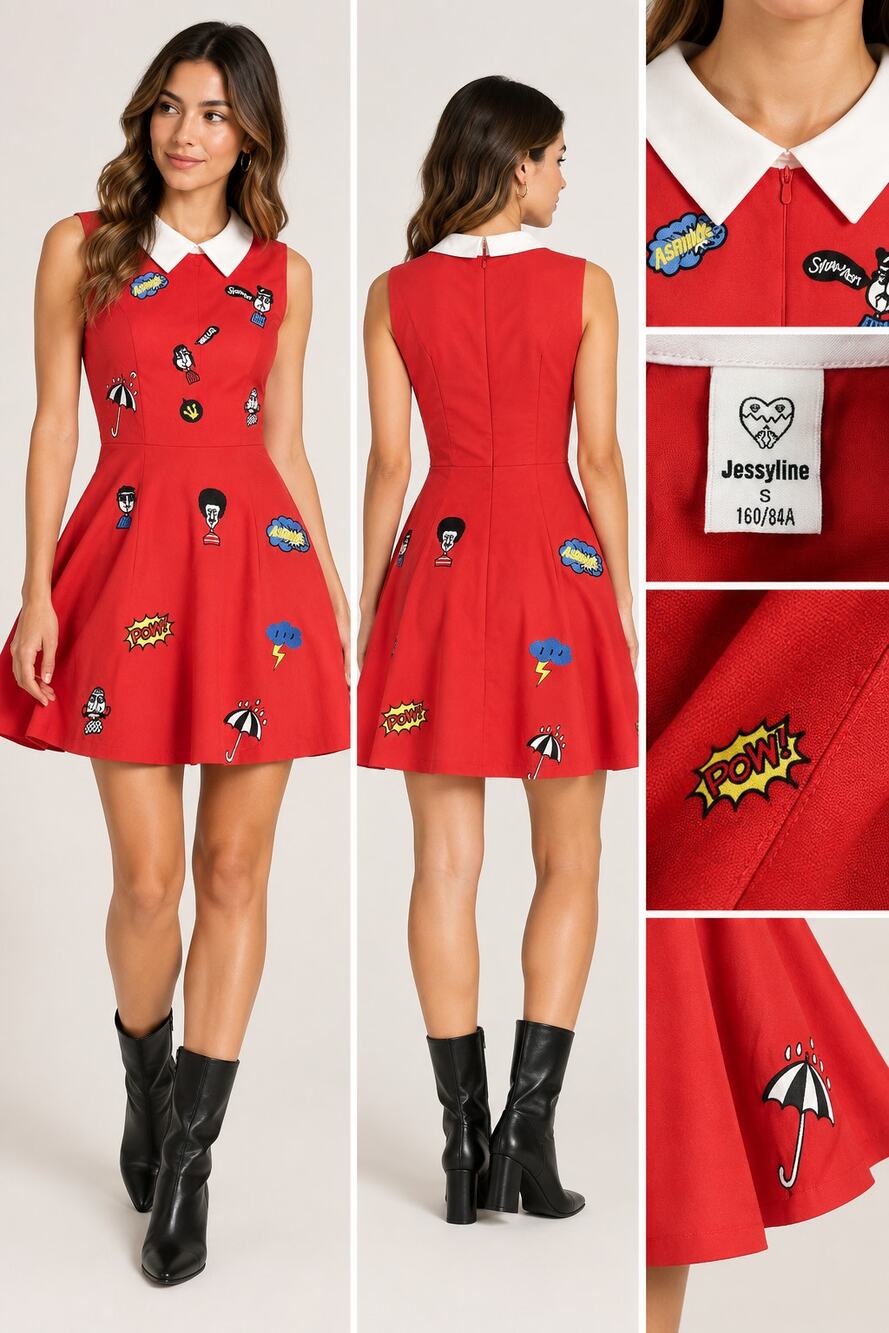 Jessyline Red Pop Art Patch Mini Dress Small White Collar Fit Flare Novelty